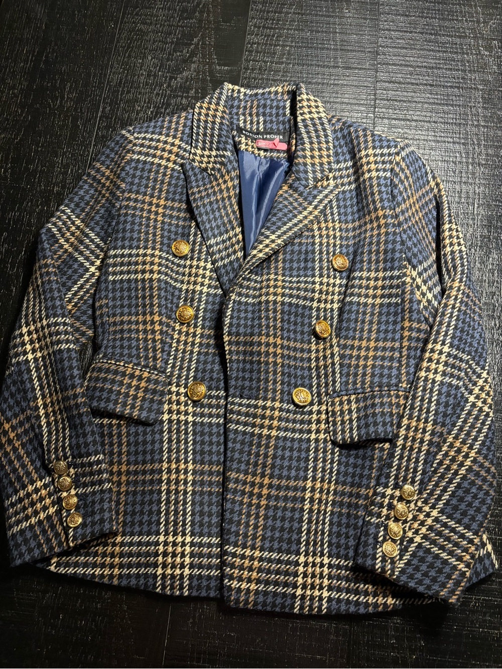 Boston Proper Double-Breasted Plaid Pea Coat in Blue and Tan